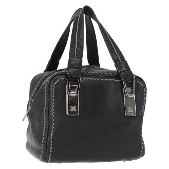 CHANEL COCO Mark Hand Bag Leather Black Silver CC Auth 149457