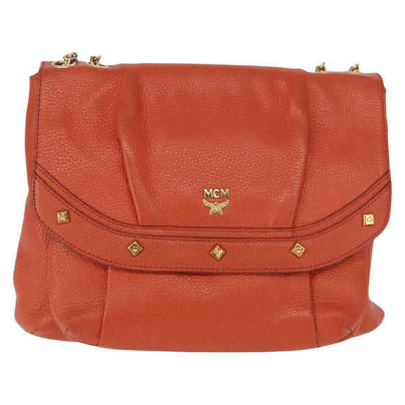 MCM Studs Chain Shoulder Bag Leather Orange Gold Auth 149467