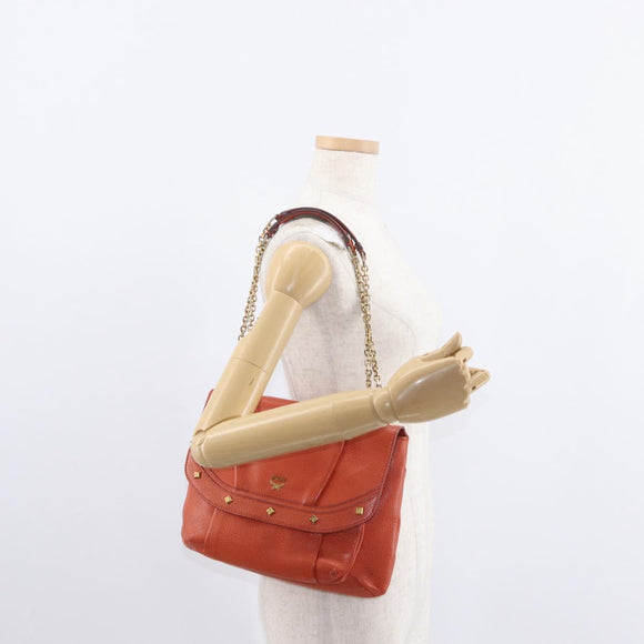 MCM Studs Chain Shoulder Bag Leather Orange Gold Auth 149467