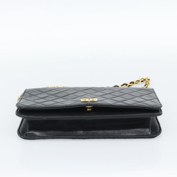 CHANEL Matelasse Chain Shoulder Bag Lamb Skin Black Gold CC Auth 149481