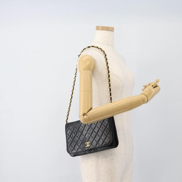 CHANEL Matelasse Chain Shoulder Bag Lamb Skin Black Gold CC Auth 149481