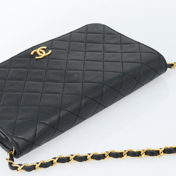 CHANEL Matelasse Chain Shoulder Bag Lamb Skin Black Gold CC Auth 149481