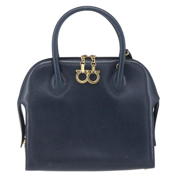 Salvatore Ferragamo Gancini Hand Bag Leather 2way Navy Gold Auth 149521 - 0