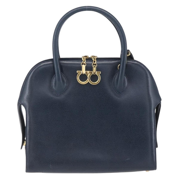 Salvatore Ferragamo Gancini Hand Bag Leather 2way Navy Gold Auth 149521