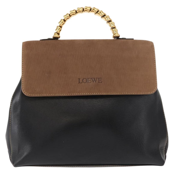LOEWE Velazquez Hand Bag Leather Suede Brown Black gold Auth 149533