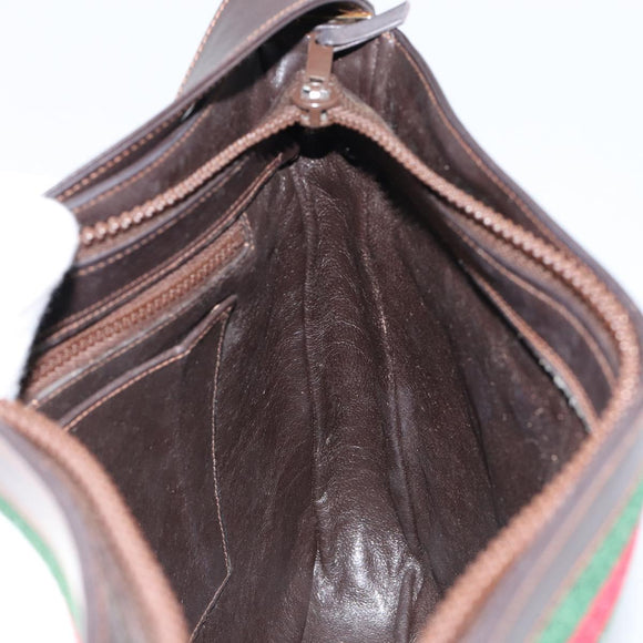 GUCCI Web Sherry Line Shoulder Bag Leather Dark Brown Gold Auth 149569