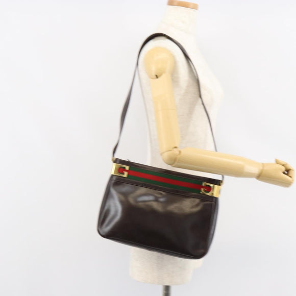 GUCCI Web Sherry Line Shoulder Bag Leather Dark Brown Gold Auth 149569