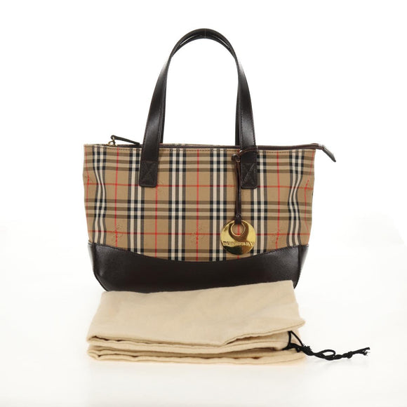 BURBERRY Nova Check Hand Bag Canvas Leather Beige Gold Auth 149571A