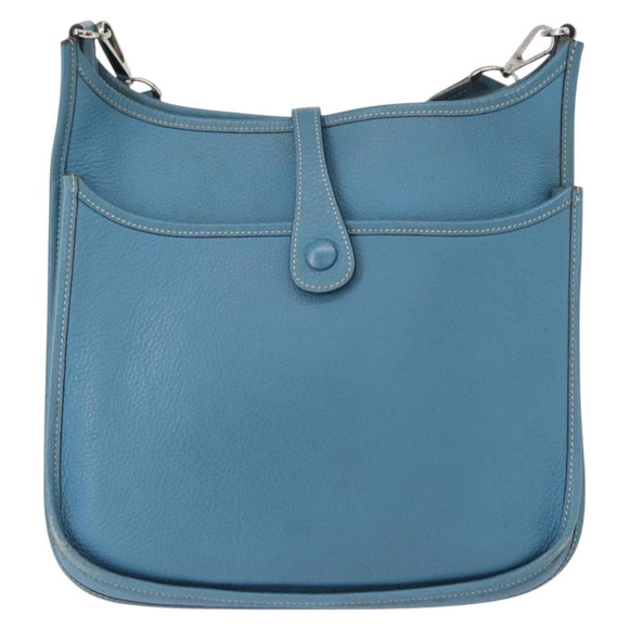 HERMES Evelyn 2 PM Shoulder Bag Leather Blue Silver Auth 149578