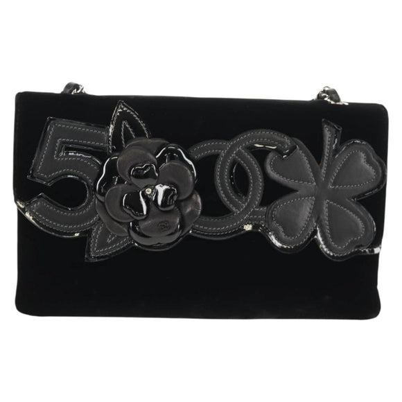 CHANEL Chain COCO Mark Camelia Shoulder Bag Velor Black Silver CC Auth 149585V