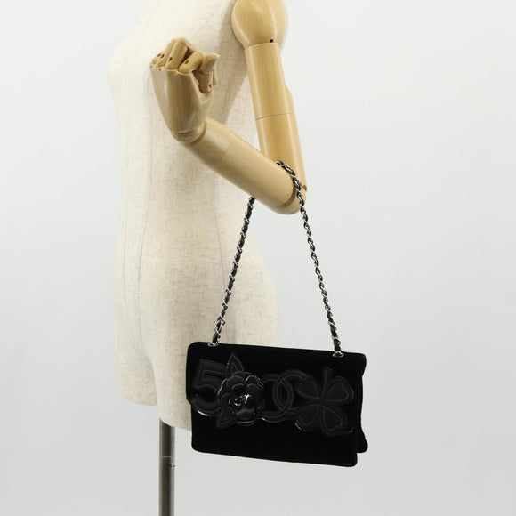 CHANEL Chain COCO Mark Camelia Shoulder Bag Velor Black Silver CC Auth 149585V