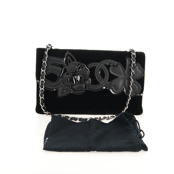 CHANEL Chain COCO Mark Camelia Shoulder Bag Velor Black Silver CC Auth 149585V