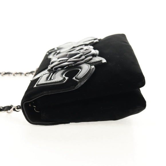 CHANEL Chain COCO Mark Camelia Shoulder Bag Velor Black Silver CC Auth 149585V