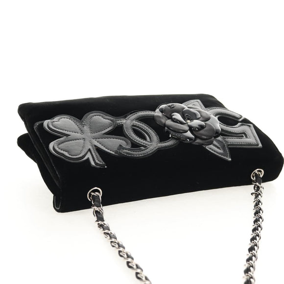 CHANEL Chain COCO Mark Camelia Shoulder Bag Velor Black Silver CC Auth 149585V
