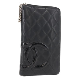 CHANEL Cambon Line Organizer Long Wallet Leather Black Silver CC Auth 149586