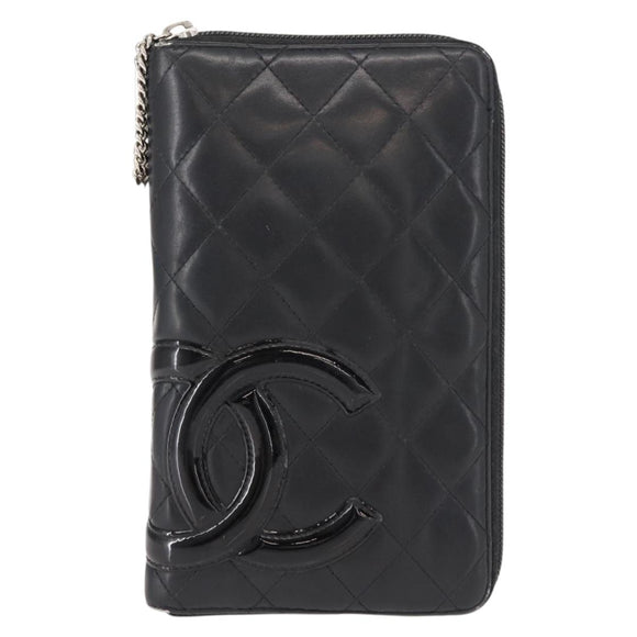 CHANEL Cambon Line Organizer Long Wallet Leather Black Silver CC Auth 149586