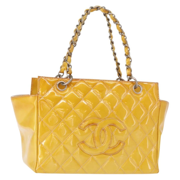 CHANEL Matelasse COCO Mark Chain Bag Patent leather Yellow Silver CC Auth 149641