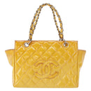 CHANEL Matelasse COCO Mark Chain Bag Patent leather Yellow Silver CC Auth 149641-13