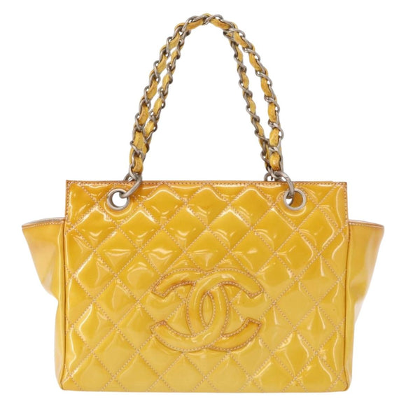 CHANEL Matelasse COCO Mark Chain Bag Patent leather Yellow Silver CC Auth 149641
