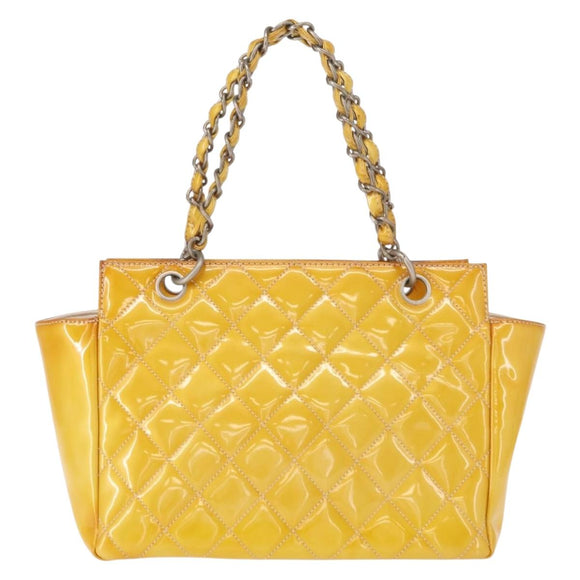 CHANEL Matelasse COCO Mark Chain Bag Patent leather Yellow Silver CC Auth 149641
