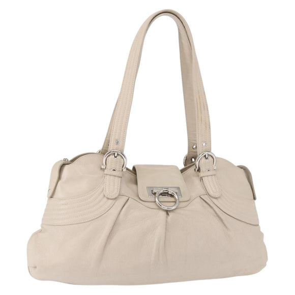 Salvatore Ferragamo Gancini Schoudertas Leer Zilver Wit Auth 149671