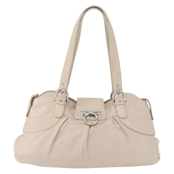 Salvatore Ferragamo Gancini Schoudertas Leer Zilver Wit Auth 149671