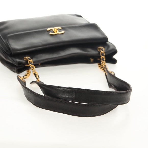 CHANEL Matelasse Big COCO Mark Chain Bag Lamb Skin Black Gold CC Auth 149721