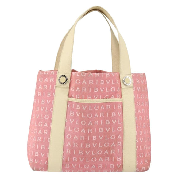 BVLGARI Logo Mania Hand Bag Canvas Pink Silver Auth 149749