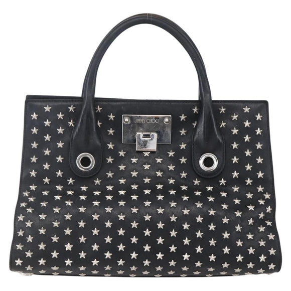Jimmy Choo Studs Hand Bag Leather Black Silver Auth 149751