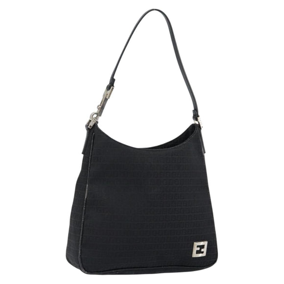 FENDI Zucchino Canvas Shoulder Bag Black Silver Auth 149754