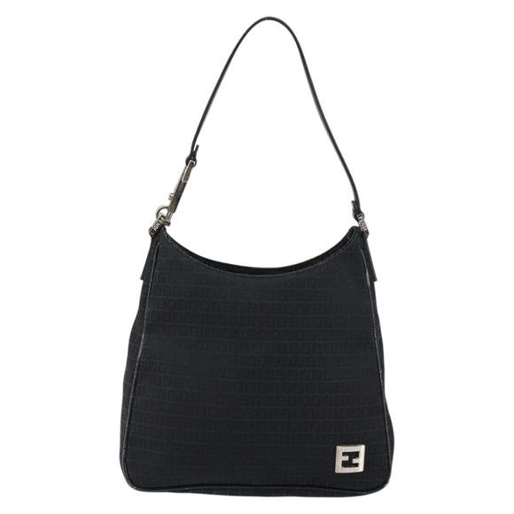 FENDI Zucchino Canvas Shoulder Bag Black Silver Auth 149754