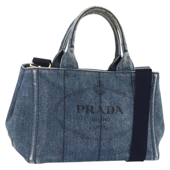 PRADA Canapa PM Hand Bag Denim 2way Blue Gold Auth 149755