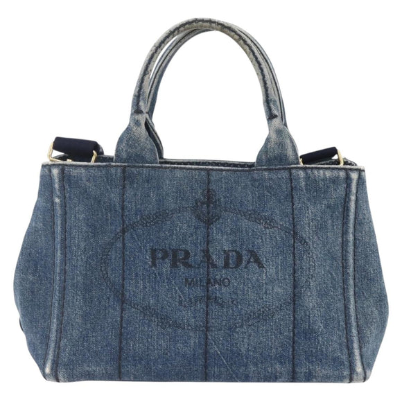 PRADA Canapa PM Hand Bag Denim 2way Blue Gold Auth 149755