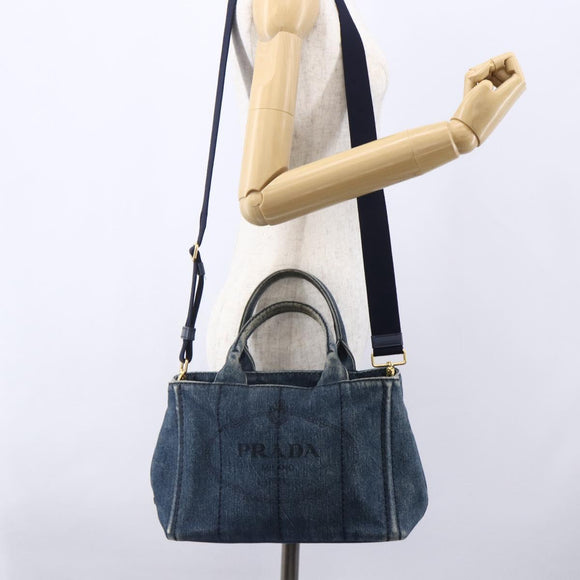 PRADA Canapa PM Hand Bag Denim 2way Blue Gold Auth 149755
