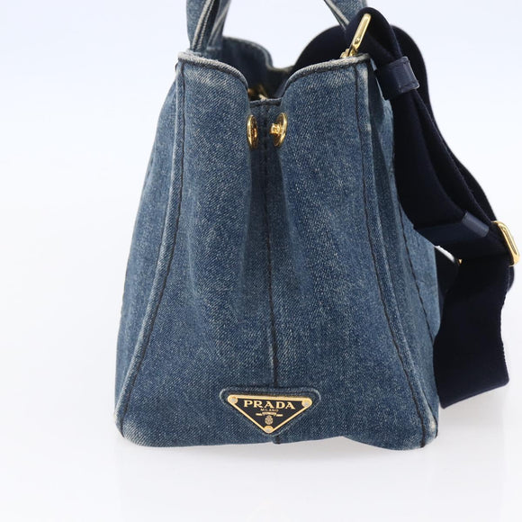 PRADA Canapa PM Hand Bag Denim 2way Blue Gold Auth 149755