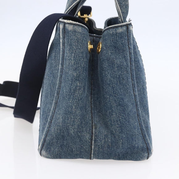 PRADA Canapa PM Hand Bag Denim 2way Blue Gold Auth 149755