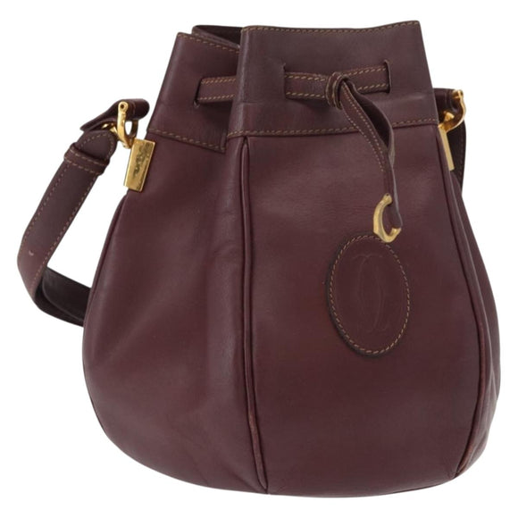 CARTIER Must Line Shoulder Bag Leather Bordeaux Gold Auth 149759