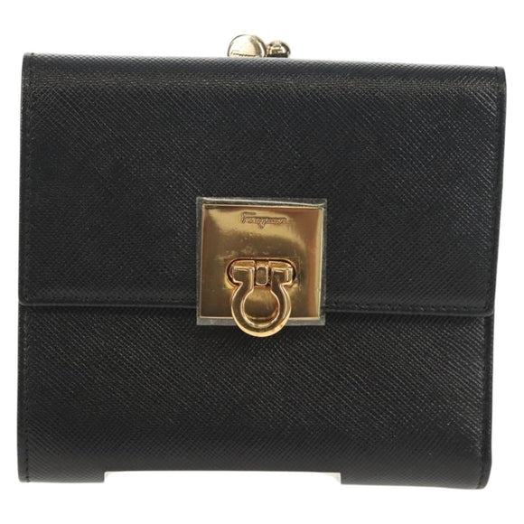 Salvatore Ferragamo Gancini Bifold Wallet Leather Black Gold Auth 149762AV