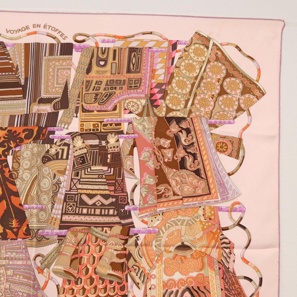 HERMES Carre 90 Scarf Silk ""VOYAGE EN ETOFFES"" Pink Auth 149767
