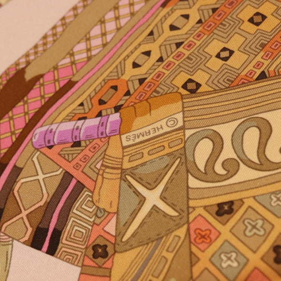 HERMES Carre 90 Scarf Silk ""VOYAGE EN ETOFFES"" Pink Auth 149767