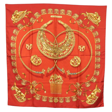 HERMES Carre 90 Scarf Silk ""LES CAVALIERS D'OR"" Red Auth 149769