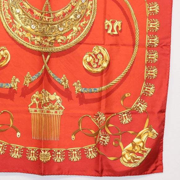 HERMES Carre 90 Scarf Silk ""LES CAVALIERS D'OR"" Red Auth 149769