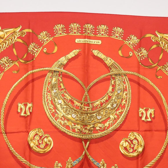 HERMES Carre 90 Scarf Silk ""LES CAVALIERS D'OR"" Red Auth 149769