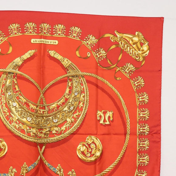 HERMES Carre 90 Scarf Silk ""LES CAVALIERS D'OR"" Red Auth 149769