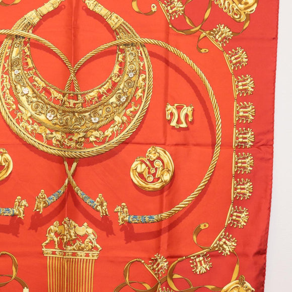 HERMES Carre 90 Scarf Silk ""LES CAVALIERS D'OR"" Red Auth 149769