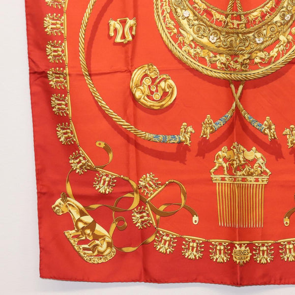 HERMES Carre 90 Scarf Silk ""LES CAVALIERS D'OR"" Red Auth 149769