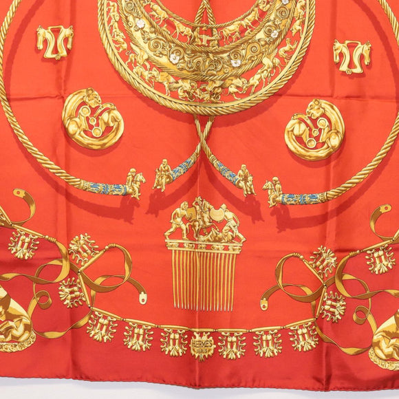 HERMES Carre 90 Scarf Silk ""LES CAVALIERS D'OR"" Red Auth 149769