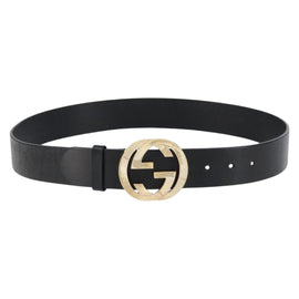 GUCCI Interlocking Belt Leather 37.4"" Black Gold 232849 Auth 149771