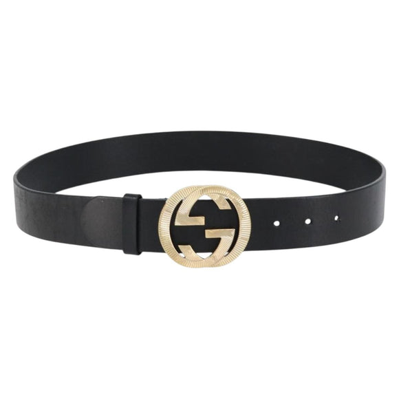 GUCCI Interlocking Belt Leather 37.4"" Black Gold 232849 Auth 149771