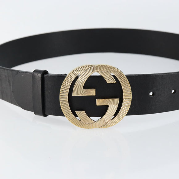 GUCCI Interlocking Belt Leather 37.4"" Black Gold 232849 Auth 149771